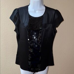 $100 Ann Taylor 100% Silk Black Sequin Short Sleeve Blouse Women’s Petite Sz 8P